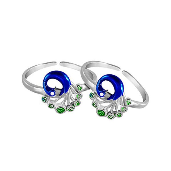 Exuberant Colourful Peacock Design Toe Rings in Pure 92.5 Sterling Silver for Women | Chandi bichiya | blue enamel toe rings for women - Image 2