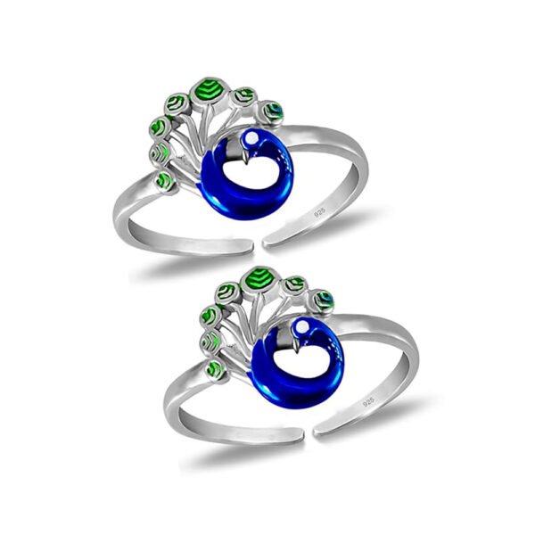 Exuberant Colourful Peacock Design Toe Rings in Pure 92.5 Sterling Silver for Women | Chandi bichiya | blue enamel toe rings for women