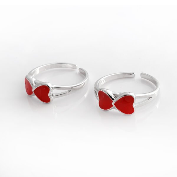 Sterling Silver Double Heart Ring, Red Enamel Design, Adjustable toe ring for women 925 sterling silver 2 red heart enamel toe ring gift for her - Image 2