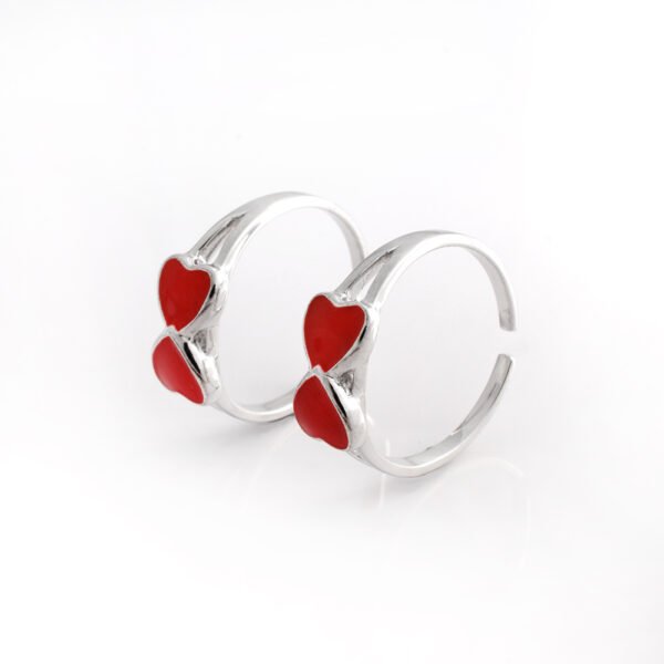 Sterling Silver Double Heart Ring, Red Enamel Design, Adjustable toe ring for women 925 sterling silver 2 red heart enamel toe ring gift for her - Image 3