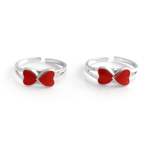 Sterling Silver Double Heart Ring, Red Enamel Design, Adjustable toe ring for women 925 sterling silver 2 red heart enamel toe ring gift for her